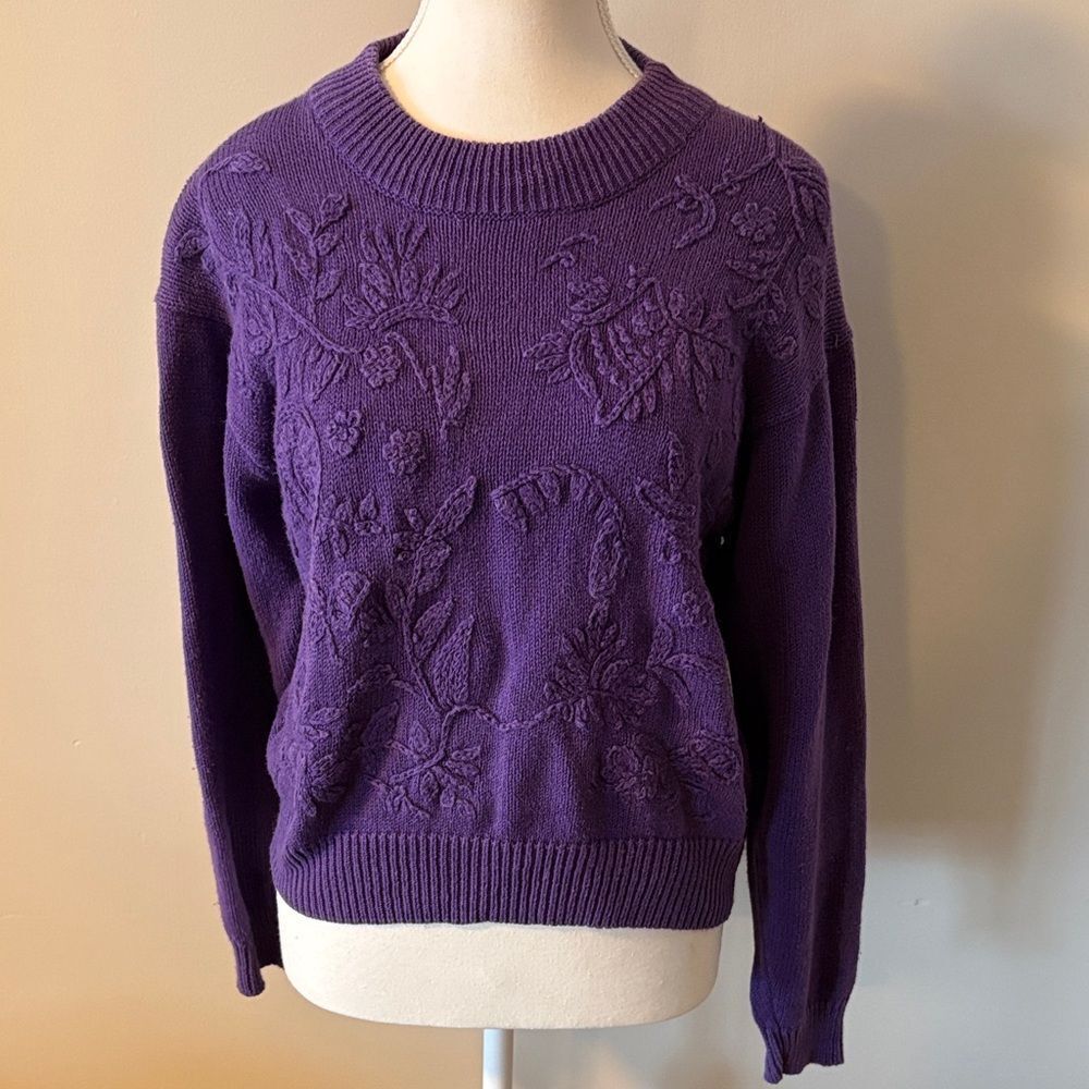 VTG Mister Noah Cotton Ramie Cottagecore Floral Purple Knit Sweater. Size Medium